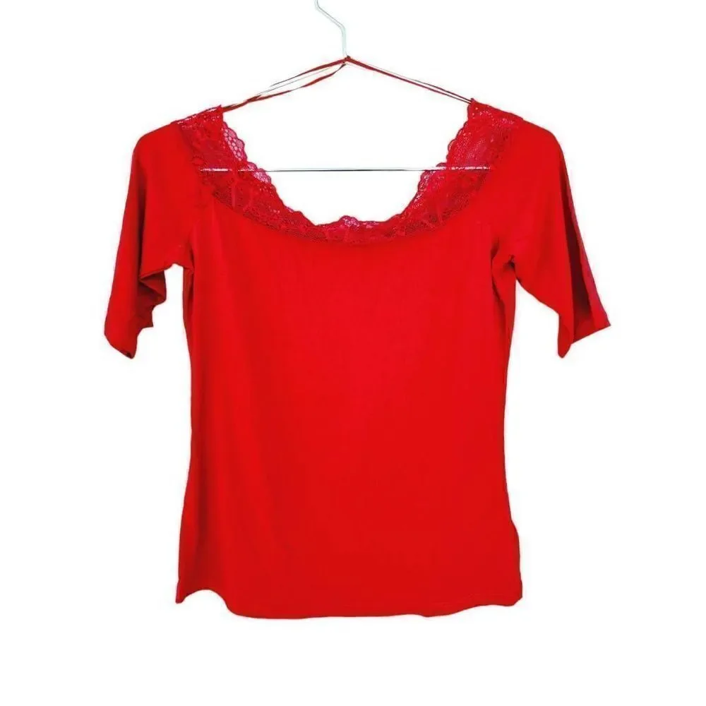 Michael Kors Womens Blouse Red Short Sleeve Scoop Neck Lace Cotton Blend S